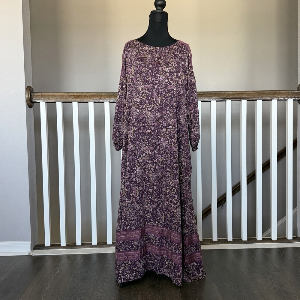 J Jill NWT Pure Jill Paisley 3/4 Balloon Sleeve Midi Dress Large Purple Boho